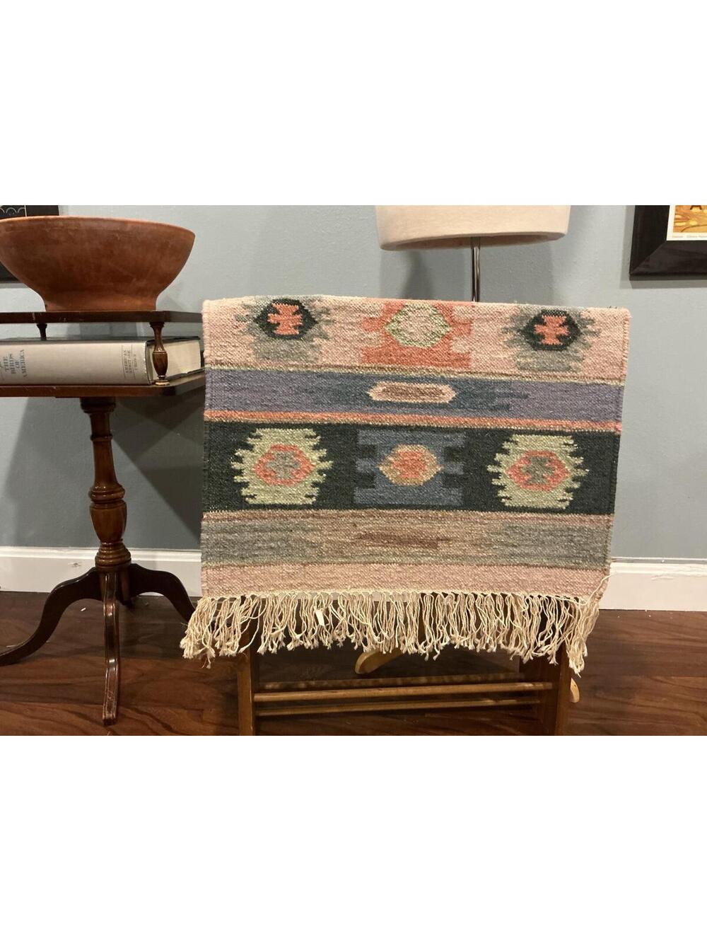 Vintage Handwoven Kilim Southwestern Style Small Wool Area Rug with Fringe